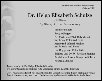 Anzeige von Helga Elisabeth Schulze von Westfälische Nachrichten