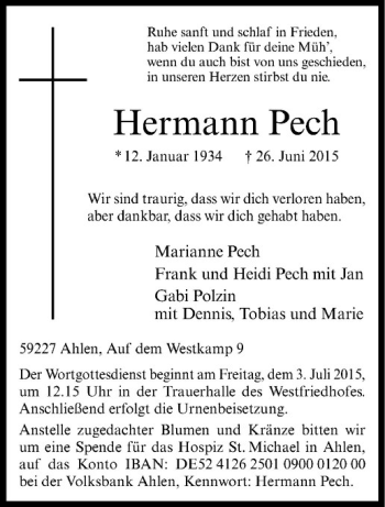 Anzeige von Hermann Pech von Westfälische Nachrichten