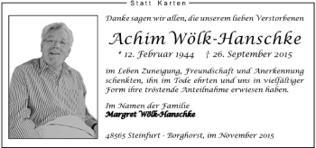 Anzeige von Achim Wölk-Hanschke von Westfälische Nachrichten