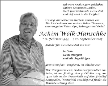 Anzeige von Achim Wölk-Hanschke von Westfälische Nachrichten