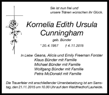 Anzeige von Kornelia Edith Ursula Cunningham von Westfälische Nachrichten