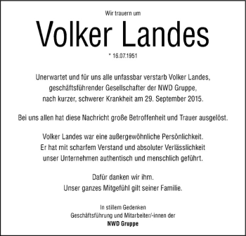 Anzeige von Volker Landes von Westfälische Nachrichten