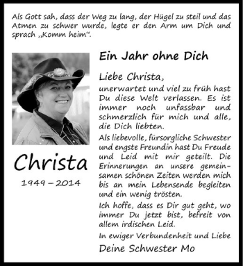 Anzeige von Christa  von Westfälische Nachrichten