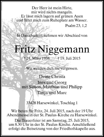 Anzeige von Fritz Niggemann von Westfälische Nachrichten