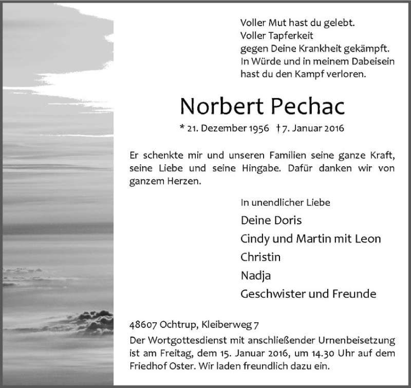  Traueranzeige für Norbert Pechac vom 09.01.2016 aus Westfälische Nachrichten