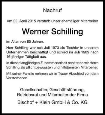 Anzeige von Werner Schilling von Westfälische Nachrichten