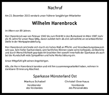 Anzeige von Wilhelm Harenbrock von Westfälische Nachrichten