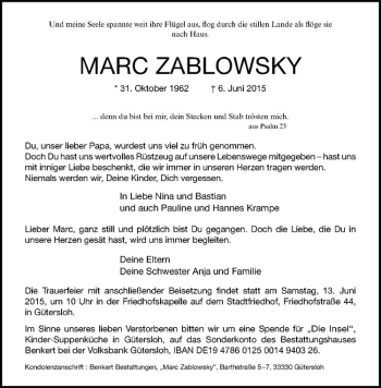 Anzeige von Marc Zablowsky von Westfälische Nachrichten