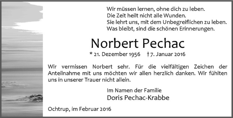  Traueranzeige für Norbert Pechac vom 06.02.2016 aus Westfälische Nachrichten