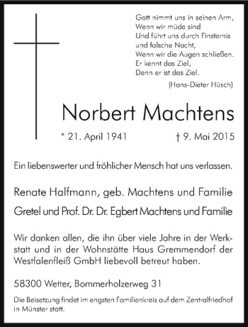 Anzeige von Norbert Machtens von Westfälische Nachrichten