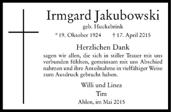 Anzeige von Irmgard Jakubowski von Westfälische Nachrichten