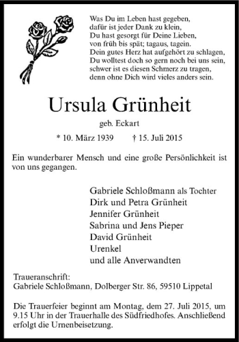 Anzeige von Ursula Grünheit von Westfälische Nachrichten