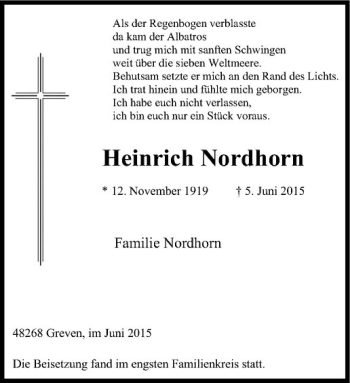 Anzeige von Heinrich Nordhorn von Westfälische Nachrichten