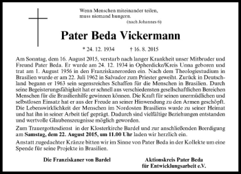 Anzeige von Beda Vickermann von Westfälische Nachrichten