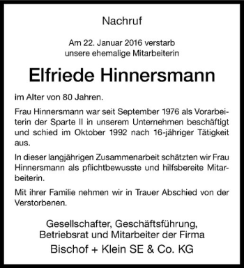 Anzeige von Elfriede Hinnersmann von Westfälische Nachrichten