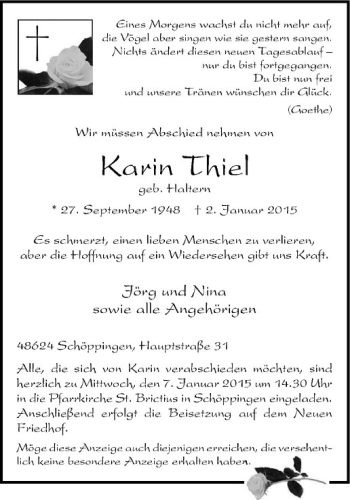 Anzeige von Karin Thiel von Westfälische Nachrichten