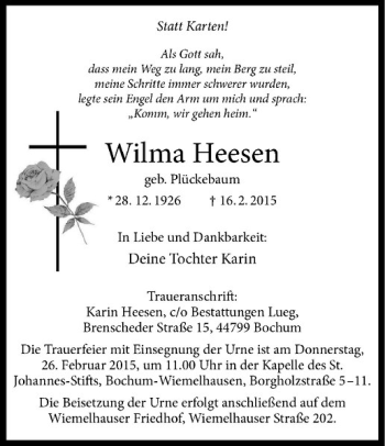 Anzeige von Wilma Heesen von Westfälische Nachrichten