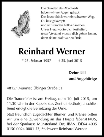 Anzeige von Reinhard Werner von Westfälische Nachrichten