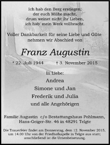 Anzeige von Franz Augustin von Westfälische Nachrichten