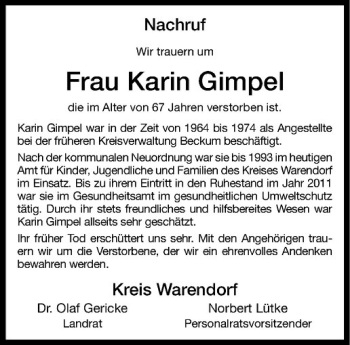 Anzeige von Karin Gimpel von Westfälische Nachrichten