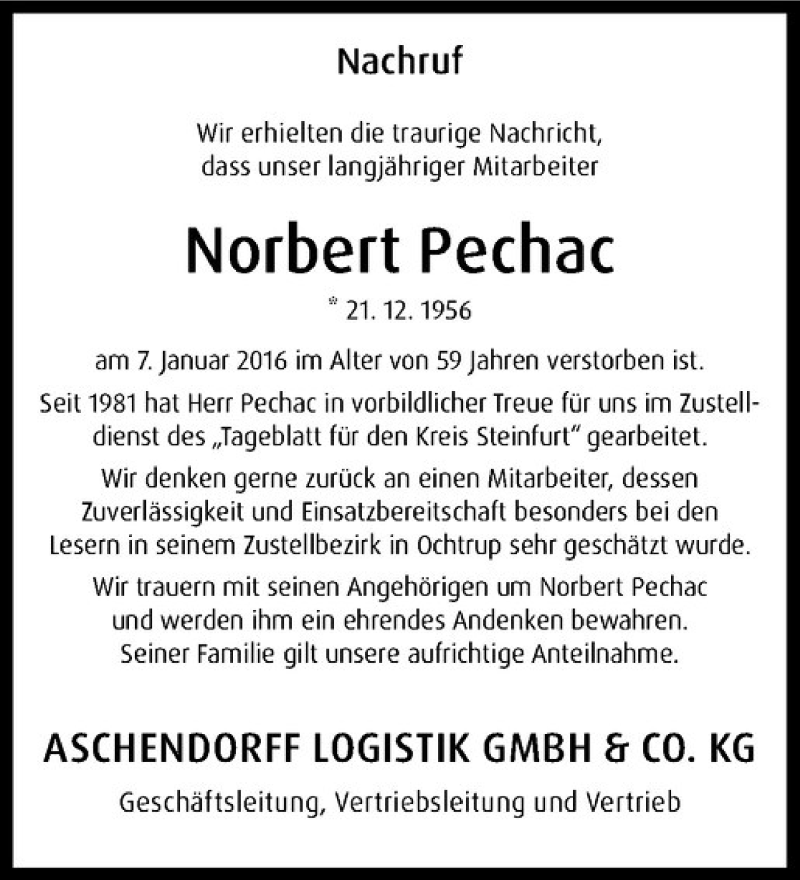  Traueranzeige für Norbert Pechac vom 13.01.2016 aus Westfälische Nachrichten