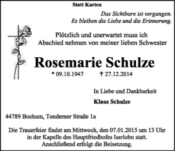 Anzeige von Rosemarie Schulze von Westfälische Nachrichten