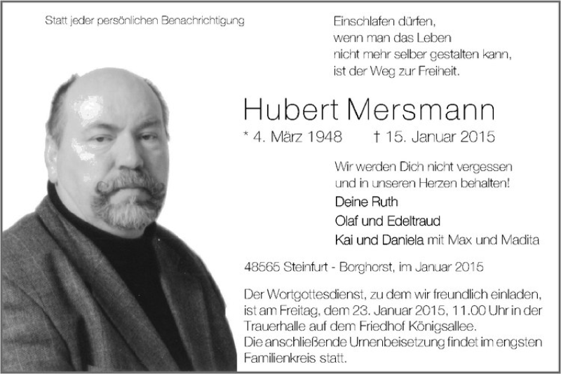  Traueranzeige für Hubert Mersmann vom 17.01.2015 aus Westfälische Nachrichten