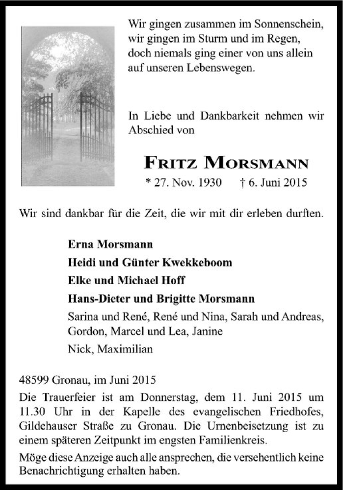  Traueranzeige für Fritz Morsmann vom 09.06.2015 aus Westfälische Nachrichten