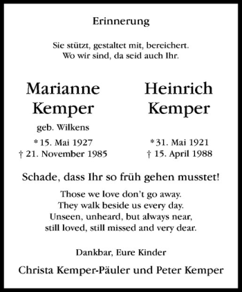 Anzeige von Marianne Kemper von Westfälische Nachrichten