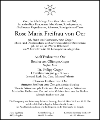 Anzeige von Rose Maria Freifrau von Oer von Westfälische Nachrichten