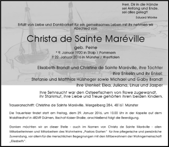 Anzeige von Christa de Sainte Maréville von Westfälische Nachrichten