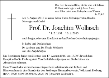 Anzeige von Joachim Wollasch von Westfälische Nachrichten