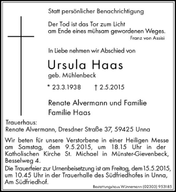 Anzeige von Ursula Haas von Westfälische Nachrichten