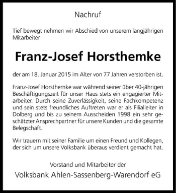 Anzeige von Franz-Josef Horsthemke von Westfälische Nachrichten