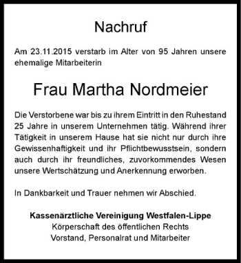 Anzeige von Martha Nordmeier von Westfälische Nachrichten