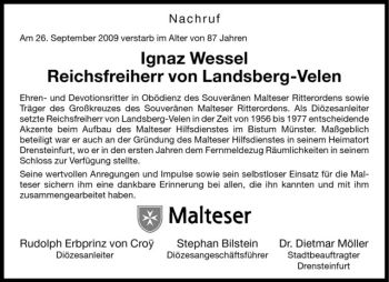 Anzeige von Ignaz Wessel Reichsfreiherr von Landsberg-Velen von Westfälische Nachrichten