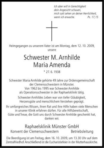 Anzeige von Maria Arnhilde Amenda von Westfälische Nachrichten