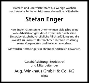 Anzeige von Stefan Enger von Westfälische Nachrichten