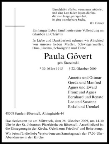 Anzeige von Paula Gövert von Westfälische Nachrichten