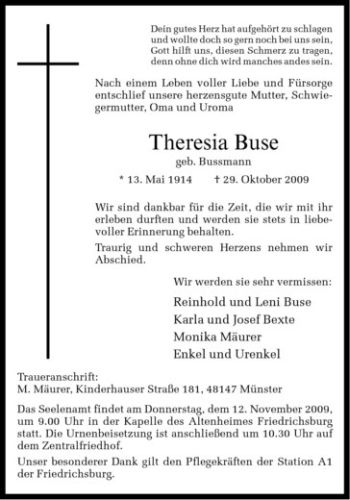 Anzeige von Theresia Buse von Westfälische Nachrichten