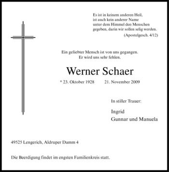 Anzeige von Werner Schaer von Westfälische Nachrichten