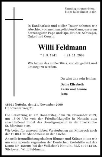 Anzeige von Willi Feldmann von Westfälische Nachrichten