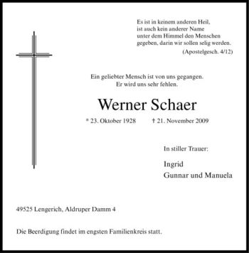 Anzeige von Werner Schaer von Westfälische Nachrichten