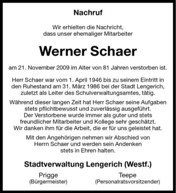 Anzeige von Werner Schaer von Westfälische Nachrichten