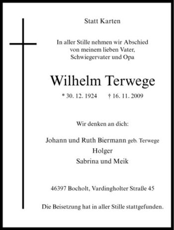 Anzeige von Wilhelm Terwege von Westfälische Nachrichten