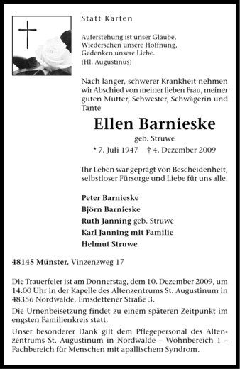 Anzeige von Ellen Barnieske von Westfälische Nachrichten