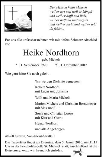 Anzeige von Heike Nordhorn von Westfälische Nachrichten