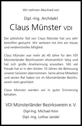 Anzeige von Claus Münster von Westfälische Nachrichten