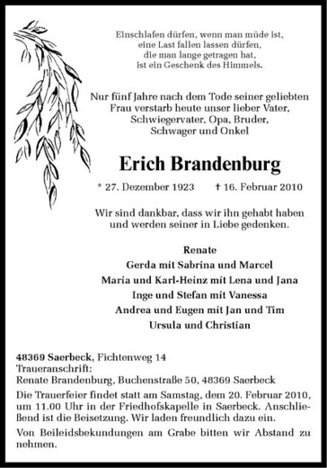  Traueranzeige für Erich Brandenburg vom 19.02.2010 aus Westfälische Nachrichten