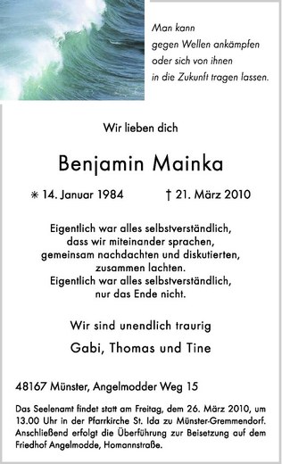  Traueranzeige für Benjamin Mainka vom 24.03.2010 aus Westfälische Nachrichten